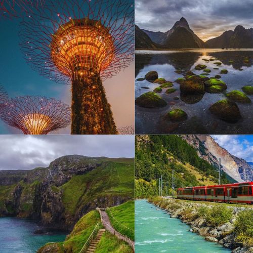 Peaceful countries travel guide collage showing serene city lights, mountains, coastal cliffs and trains through valleys in the world’s calmest destinations.