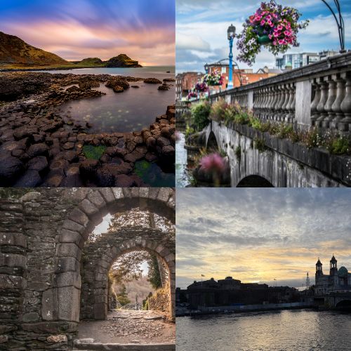 Ireland peaceful travel guide featuring serene coastal scenery, historic stone arches, quiet riverside towns, and calming sunset views across Ireland