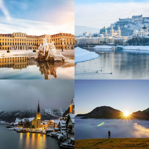 Austria peaceful travel guide collage with palaces, riverside cities, lakeside villages and mountain sunrise in a calm European gem.