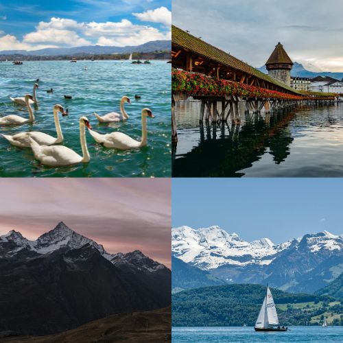 Switzerland peaceful travel guide collage with swans on lakes, flower‑lined bridge, mountain peaks and sailboat on turquoise water.