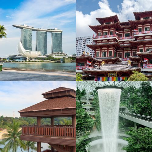 Singapore peaceful travel guide collage with Marina Bay Sands, temple, nature boardwalk and indoor waterfall in a clean, calm, soulful city.