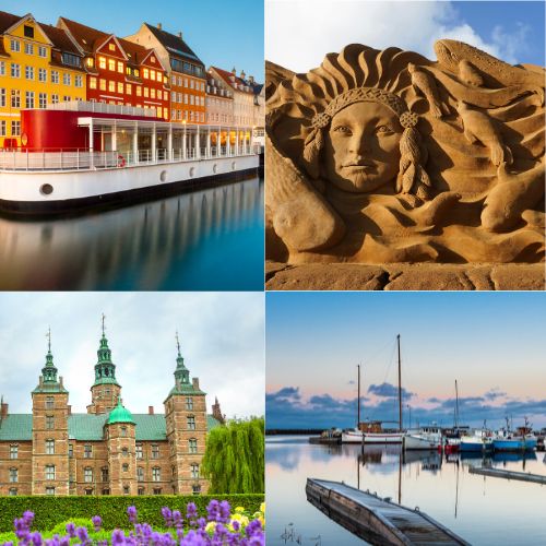 Denmark hygge travel guide collage with colorful Nyhavn harbor, historic castle, sandy sculpture and peaceful marina at sunrise.​