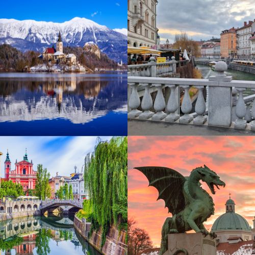 Slovenia lakes castles guide collage with Lake Bled church, Ljubljana bridges, colorful riverside buildings and dragon statue at sunset.