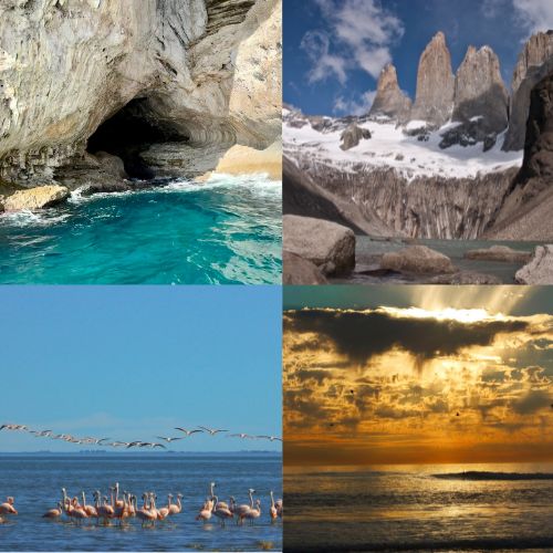 Patagonia beginner hikes guide collage with sea cave, snowy granite peaks, flamingos over the ocean and golden sunset on the Patagonian coast.