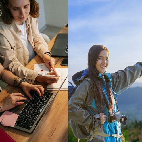 Balancing job family travel collage showing an office worker at laptop on one side and a backpacker enjoying mountain views on the other.