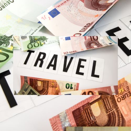 Travel within your budget concept image with the word “TRAVEL” surrounded by Euro banknotes, symbolizing saving money for affordable trips.