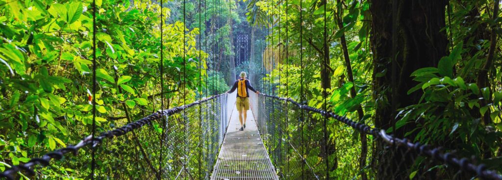 Traveler walking across a hanging bridge surrounded by lush rainforest canopy – featured in Costa Rica Ecotourism Guide.